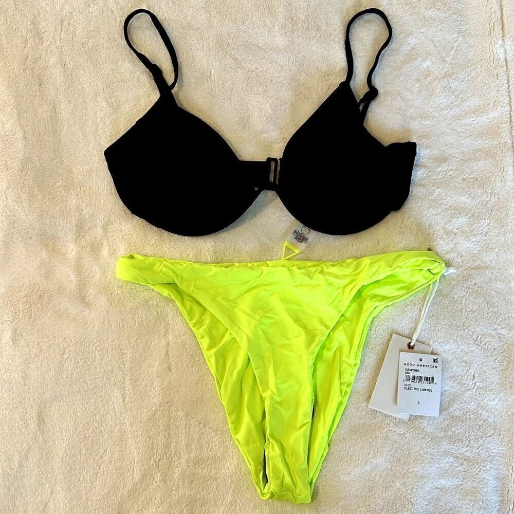 NWT Good American Bikini with Black Top and Electric Lime Bottom - Size 2(Medium